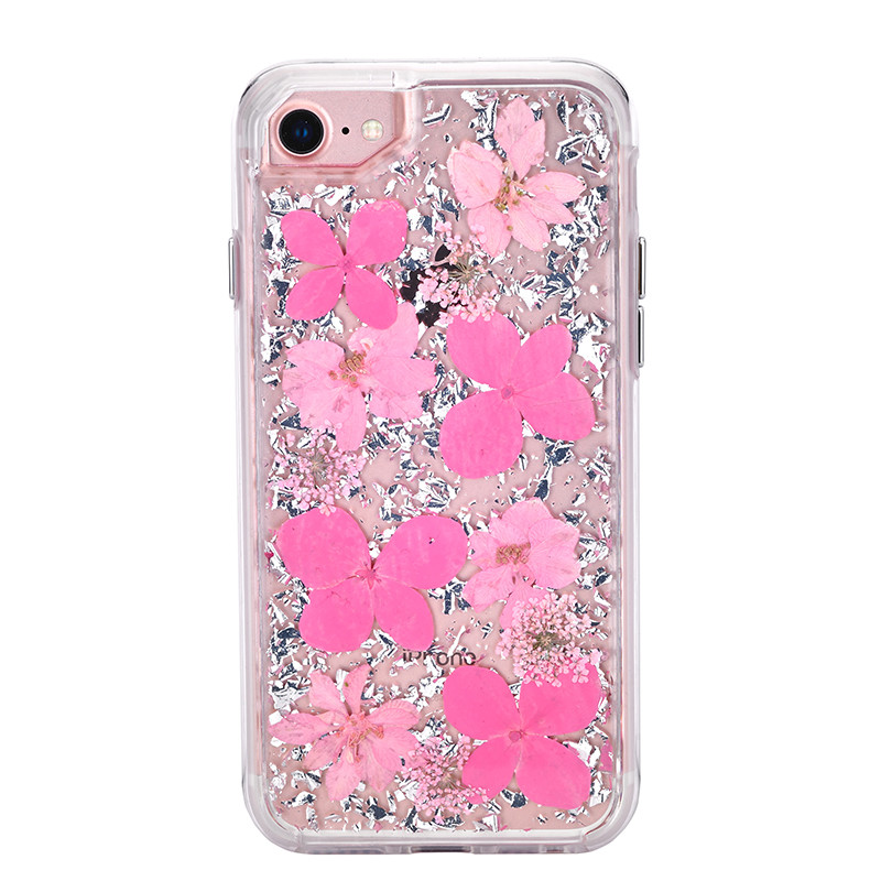 iPhone 8 / 7 / 6S / 6 Luxury Glitter Dried Natural FLOWER Petal Clear Hybrid Case (Silver Pink)